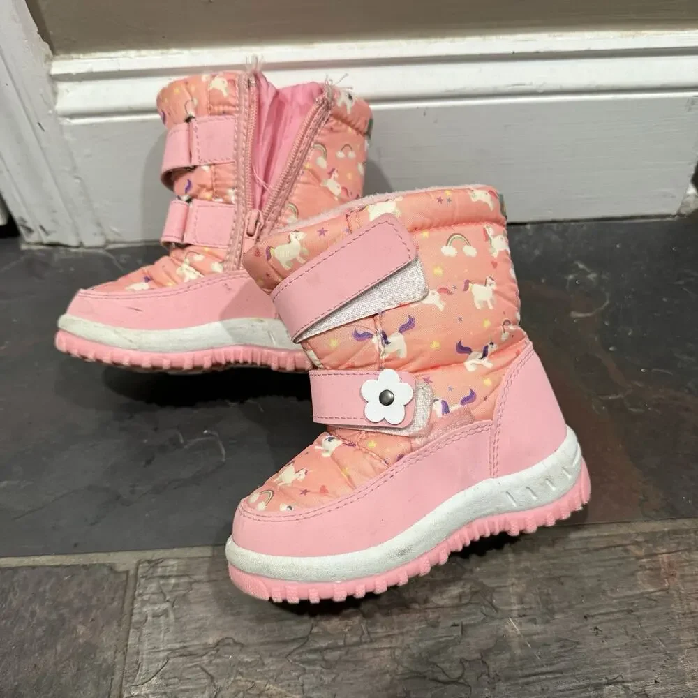 Merence Girls Size 24 Pink Unicorn Rainbow Mid-Calf Snow Boots Faux Fur Lined